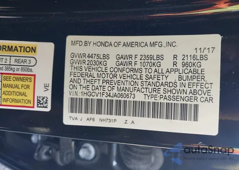 2018 Honda Accord Sport from USA, damaged, VIN 1HGCV1F34JA060673